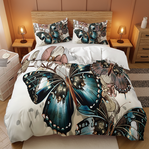 Ensemble de housse de <span class=keywords><strong>couette</strong></span> en microfibre <span class=keywords><strong>imprimée</strong></span> en 3D avec motif floral bohème vintage, <span class=keywords><strong>papillon</strong></span> et mite, réaliste et flexible - Product Image 1