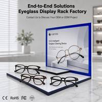 Présentoir à lunettes en acrylique bleu avec bordure, plateforme plate multi-lunettes, panneau arrière vertical imprimé sur mesure, support de comptoir