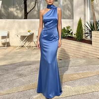 Robe de soirée élégante bleue en mousseline moulante pour femme, asymétrique à une épaule, dos nu, sans col, longueur ras du sol