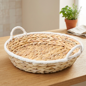 Panier de rangement ovale en jacinthe d'eau naturelle avec poignées, style rustique, plateau tressé multi-usages pour l'organisation et le rangement - Product Image 2