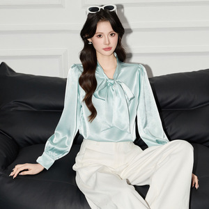 Women's Long Sleeve Satin Blouse With Bow Tie Green Solid Color Office Wear 2026 Spring Autumn Style - Product Image 1