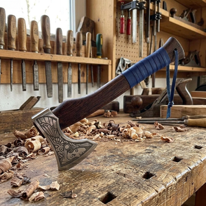 Hand forged steel tomahawk Custom engraved blade design Survival hatchet with wood <b>handle</b> Blue wrap outdoor <b>axe</b> - Product Image 2