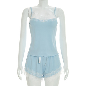 Viviblook Y26ST086 Conjunto Casual de Verano para Mujer, Nuevo Conjunto de Dos Piezas con Encaje, Sin Mangas, con Tirantes y Pantalones Cortos - Product Image 2