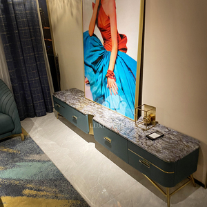 Juego de sofá cama de cuero genuino moderno hogareño de lujo sofá verde azulado + mueble de TV azul pavo real + mesa de centro de Metal de mármol + acento naranja - Product Image 4