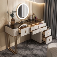 Coiffeuse de luxe moderne blanche et or avec 5 tiroirs, miroir rond LED et tabouret matelassé - Ensemble table de maquillage pour chambre à coucher