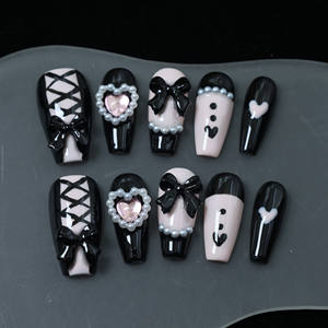 Prix usine en gros Faux ongles à presser de luxe faits main en acrylique style Y2K, forme cercueil, avec strass et motif French manucure 3D pleine couverture - Product Image 2
