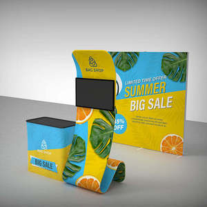 Présentoir mural haut de gamme en tissu pour stand d'exposition, avec étagères en aluminium et fond lumineux publicitaire - Product Image 4