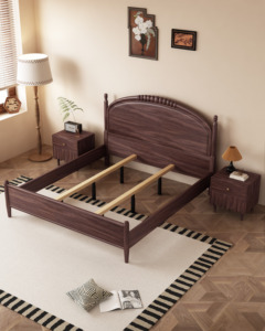 Solid Wood Double <b>Bed</b> Walnut French Curve <b>Headboard</b> Mid-Century Modern Bedroom Furniture <b>King</b>-<b>size</b> Zy888 Solid Oak Frame - Product Image 5