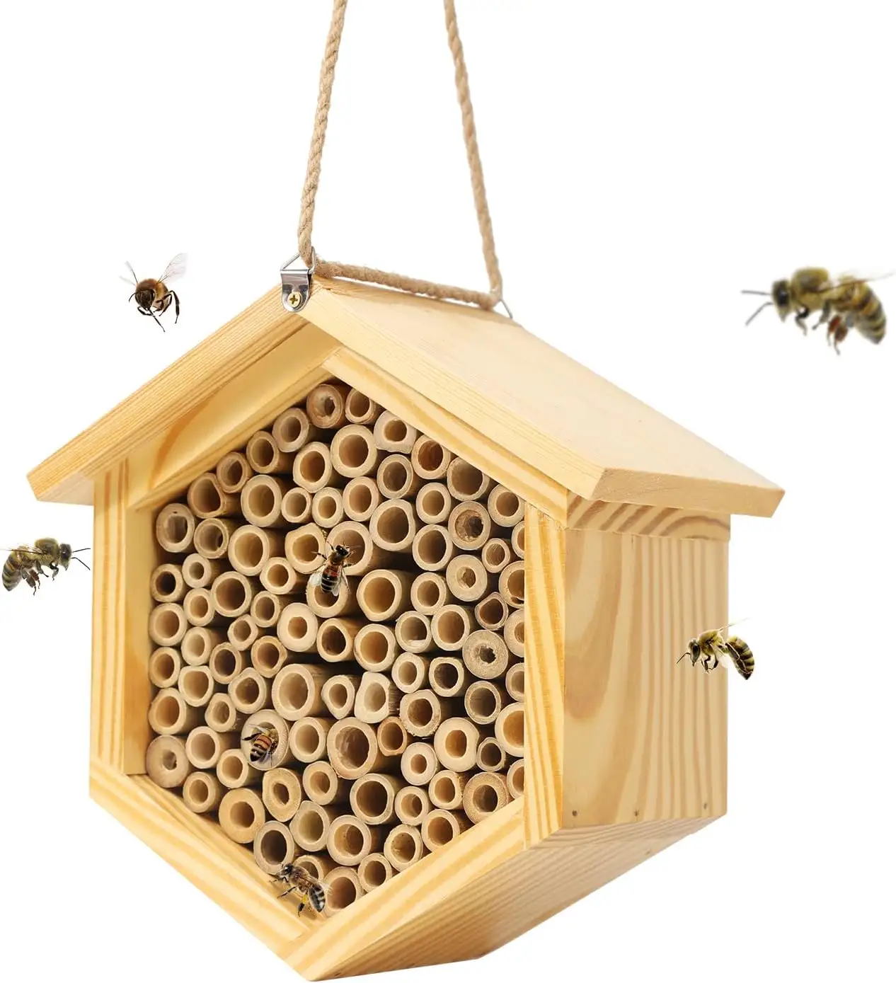 Hot Sale Bee House Native Bee Hive Hexagon Natural Handmade Wooden Mason Bee Box Habitat Home Hotel with Bamboo Tubes