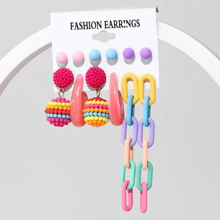 Kaimei 2022 earring fashion jewelry bohemian women korean round seed beaded earring geometric long pendant acrylic earring sets