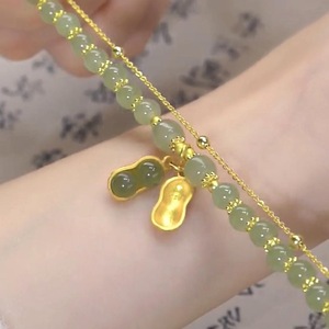 Pulsera de Cuentas de Cristal Verde con Hoja de Oro y Cacahuete, Ajustable, de Doble Capa, con Cadena de Eslabones Dorados, Joyería de Regalo al por Mayor - Product Image 6