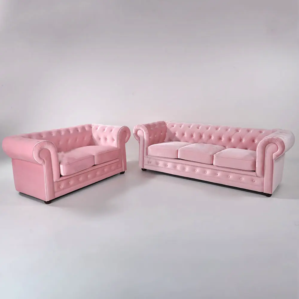 Đồ Nội Thất Phòng Khách Bộ Sofa Chesterfield Màu Hồng Nhung Thiết Kế 3 Chỗ Ngồi Cho Phòng Khách Sofa Chesterfield Vải