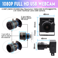 Cámara Web para PC ELP 1080P 60fps, Zoom 4x, CMOS OV4689, Color, HD, Mini USB, Cámara de Video Digital con Lente Varifocal de 2.8-12mm