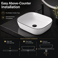 Lavabo de salle de bain moderne et minimaliste en granit blanc de luxe avec rebord noir artistique, capacité 12L, égouttoir, vasque à poser pour projets hôteliers