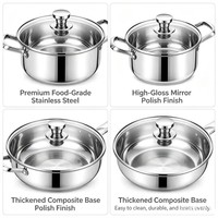 Ensemble de casseroles JL-cookware de style américain en acier inoxydable écologique moderne, avec couvercle en verre, sans revêtement, compatible lave-vaisselle