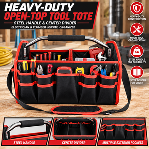Sac à outils robuste à ouverture supérieure, avec poignée en acier et séparateur central, organisateur de chantier pour électriciens et plombiers - Product Image 1