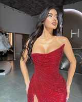 Mily nupcial ML361 elegante Formal cuello asimétrico vestido de noche de mujer rojo con lentejuelas hendidura largo hasta el suelo vestidos de graduación simples
