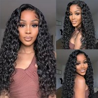Wig Rambut Asli Manusia 100% Hitam untuk Wanita, Model Deep Wave HD Lace Frontal Tanpa Lem, Full Lace Panjang, Wig Rambut India Mentah Model Wave