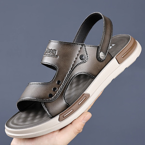 Jooq Sandalias planas para hombre con punta abierta, suela de goma de cuero genuino, zapatos informales antideslizantes de verano - Product Image 1