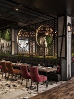 Diseño de Interiores para Restaurantes y Bares Industriales con Muebles Comerciales Personalizados de Metal Negro, Asientos Tipo Cabina y Equipamiento Llave en Mano