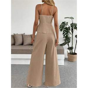 Conjunto de verano de 2 piezas para mujer, top tipo peplum con botones y pantalones anchos, tela crepé transpirable - Product Image 4