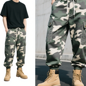 Pantalones Deportivos de Hombre 100% Algodón, Pantalones Cargo Lisos con Estampado de Camuflaje Personalizado, de Pierna Ancha y Holgada, con Múltiples Bolsillos, Estilo Urbano - Product Image 3