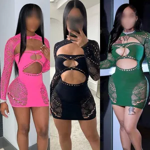 Nn0060 phụ nữ đêm Rhinestone váy dài tay áo Sexy Áo ngực mở Sheer lưới Bodycon xem qua Crochet Câu lạc bộ Ăn mặc