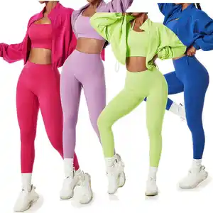 OEM baru Set pakaian olahraga Fitness Gym lengan panjang hoodie tracksuit Bra Legging 4 buah pakaian olahraga wanita aktif pakaian Yoga Set