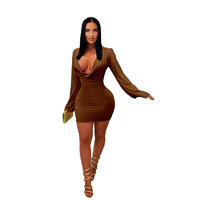 Robe moulante mini élégante à col en V profond et manches longues, style européen et américain, couleurs macaron, coupe ajustée sexy pour femme TW867