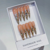 Lot de faux ongles longs à presser, forme Stiletto, gris, nude, rose, base argentée, avec pierres marquise dorées, pour nail art
