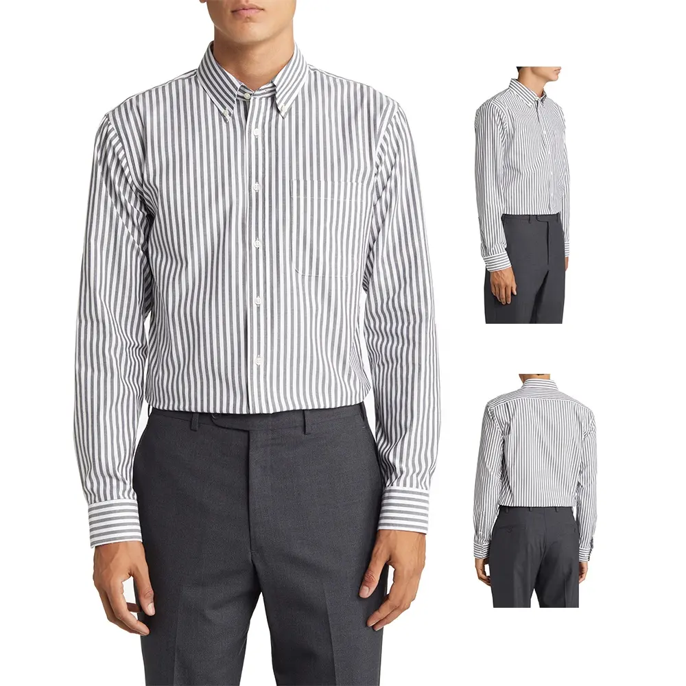 Luxury Custom Logo Long Sleeve Button Up Formal Business Men Dress Stripe Shirt Stretch