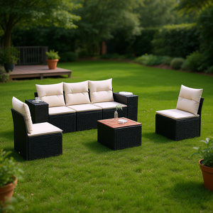 Ensemble de canapés de jardin modulaires en rotin PE noir, mobilier d'extérieur au design contemporain, coussins en mousse haute densité, pour usage extérieur - Product Image 2
