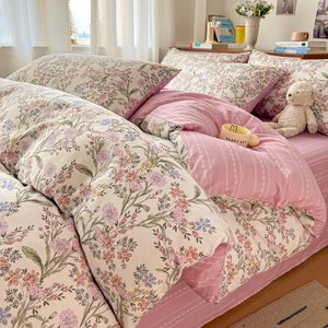100% Jet-Spun Cotton Blue Orange Rose Floral Bedding Set 4Pcs, Reversible Light Blue Solid <strong>Duvet</strong> Cover Set - Product Image 4