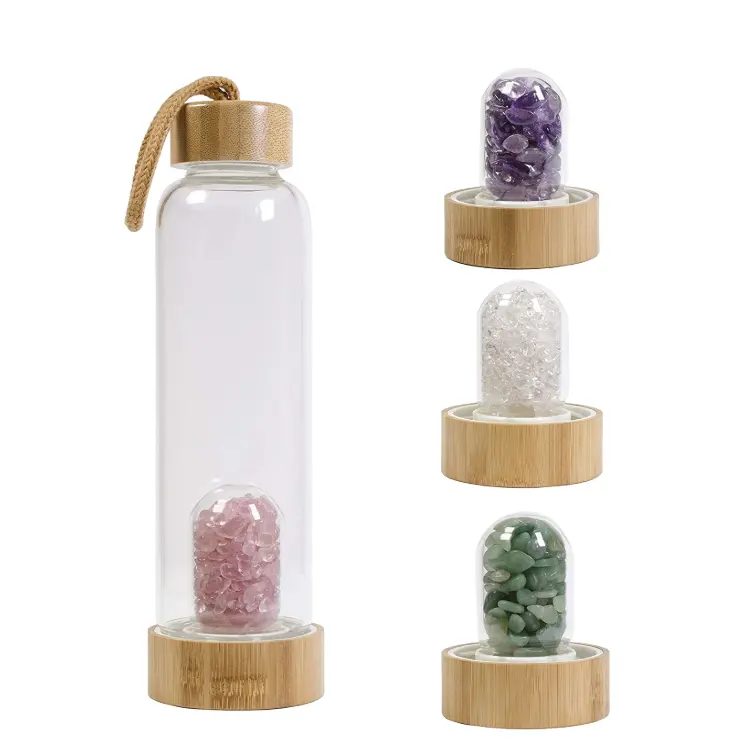 2021 heißer Verkauf kunden spezifisches Logo Kristall wasser flasche Glasflasche Wasser flaschen mit austauschbaren Kristallen