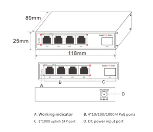 Convertidor de Medios de Fibra Óptica de 5 Puertos, 4 Puertos RJ45 de 1000M + 1 Puerto Uplink LC/SFP de 1000M, 20KM, DC12V, para Monitoreo de Seguridad - Product Image 1
