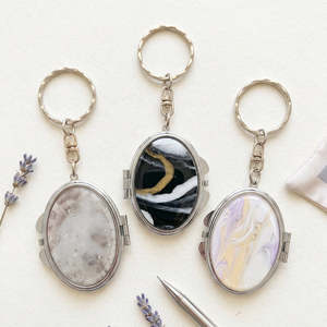 Oval Metal Compact <b>Mirror</b> Keychain Marbled Acetate <b>Acrylic</b> Top Plate Silver Plated Double Sided Pocket Vanity <b>Mirror</b> Charm Bulk - Product Image 4