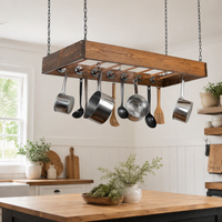 Étagère à casseroles de style farmhouse, étagère à casseroles suspendue au plafond, en bois et en cuivre, avec support de rangement réglable pour la cuisine