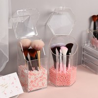 Couvercle rabattable acrylique Transparent à la mode, anti-poussière, seau pour brosse cosmétique, seau carré avec perle, conteneur de maquillage acrylique
