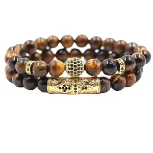 Perle de charme de luxe en or, deux pièces/ensemble, bracelet œil de tigre en pierre naturelle pour homme, vente en gros