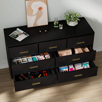 Commode de luxe en bois massif noir à 7 tiroirs avec poignées dorées, panneau MDF, meuble de rangement moderne pour chambre à coucher