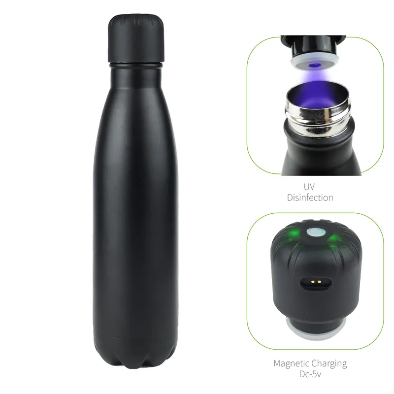 Fabbrica 500ml in acciaio inox isolato intelligente vuoto bottiglia di acqua rotonda luce UV autopulente con alimentazione USB per i viaggi