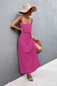 Hot Sale Sexy Plunging Neckline Solid Color Slit Off-the-shoulder Sleeveless Backless Long Dress Clothing Manufacturers Custom