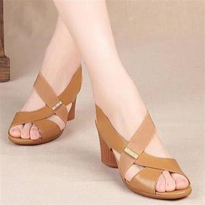 Summer Women Sandals New Open <b>Toe</b> Fish Mouth Roman Shoes High Thick Heel Leather Elastic Mama - Product Image 4