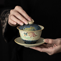Gaiwan en céramique peint à la main de 120 ml avec couvercle et soucoupe, et ensemble de tasses à thé de 75 ml en porcelaine émaillée, pour service de thé Kung Fu