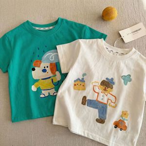 Miyaby Children's Summer Short Sleeve T-Shirt Cartoon Print Cotton Round Neck Top For Boys Green And Off White - Product Image 1