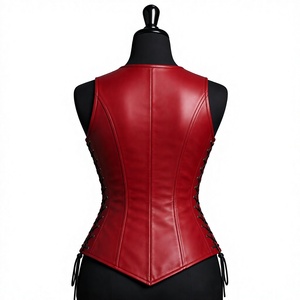 Vintage Style Burgundy Color <b>Women</b> PU Leather Corset <b>Vest</b> <b>Top</b> Sexy Clubwear Slim Fit Front Zip Knitted Canvas Tank <b>Top</b> - Product Image 5