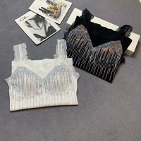 Débardeur femme en dentelle française à bretelles larges, élastique, mi-long, avec strass pour le dos