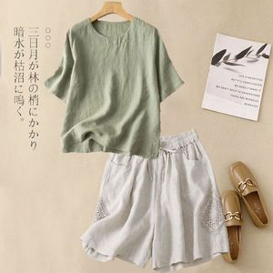 Women's Cotton Linen Short Sleeve T Shirt Set Loose Casual Breathable Elastic Waist Shorts Artistic Retro Summer Style - Product Image 5