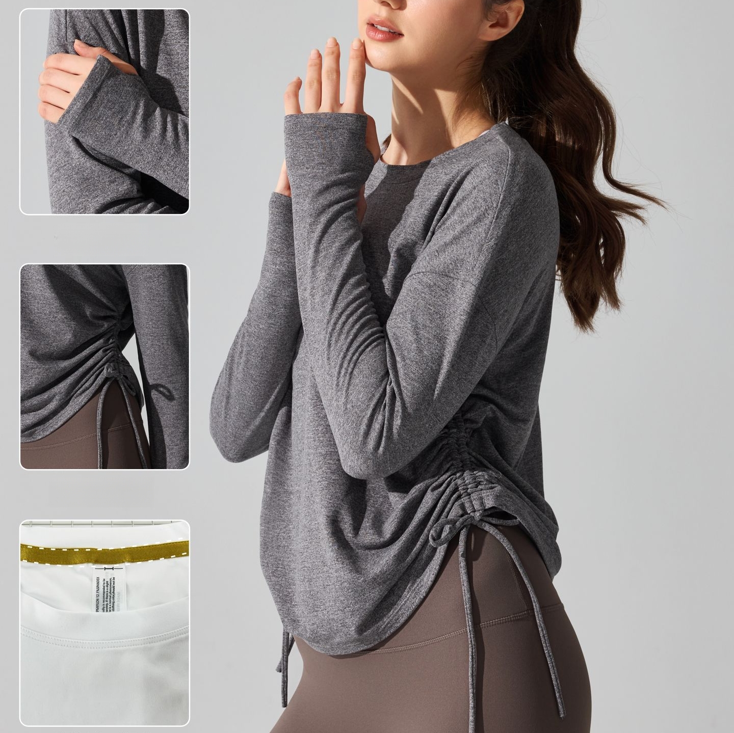 Women's Athletic Long Sleeve Top Side Drawstring Wrinkle Thumb Hole Cuffs Loose Fit Yoga Workout Shirt with Neck Binding Design