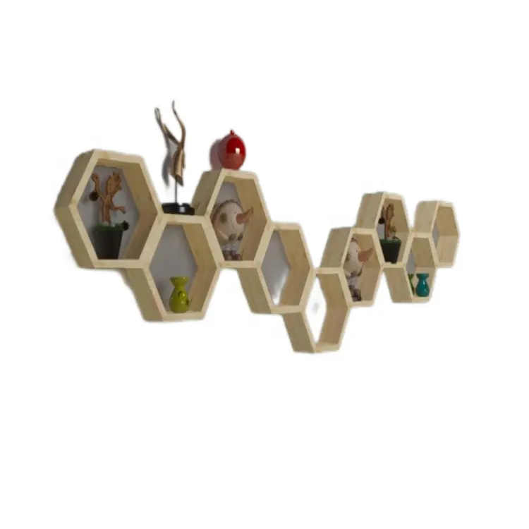 Étagère murale en bois hexagonal pour décoration, vente en gros, supports de rangement personnalisés rétro, supports et supports d'art simples